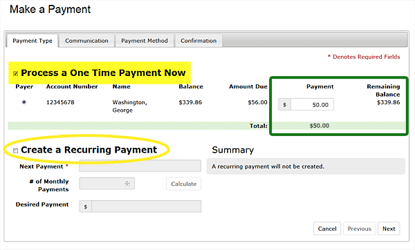 make a payment screen